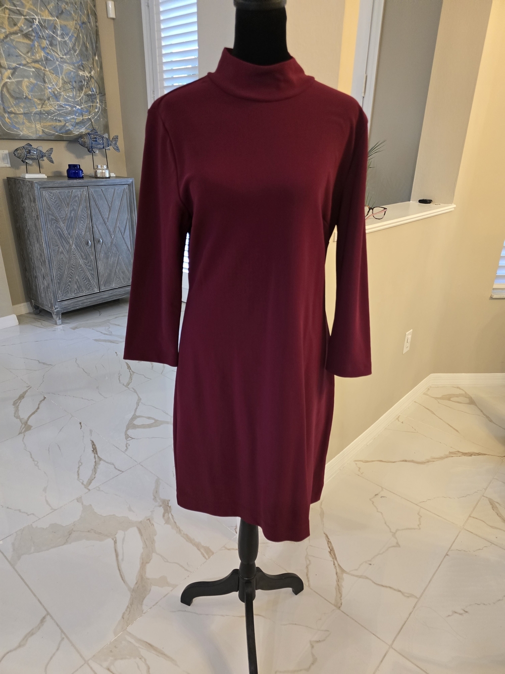 Boston Proper Long-Sleeve Mock Neck Dress in Wine